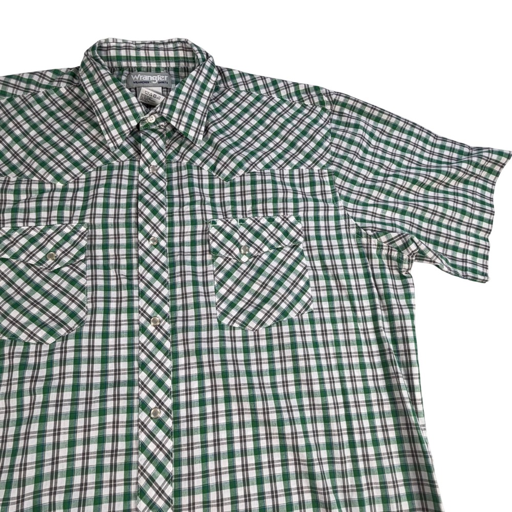 Wrangler Wrancher Green Plaid Shirt XL Short Sleeve Pearl Snap Western Cowboy